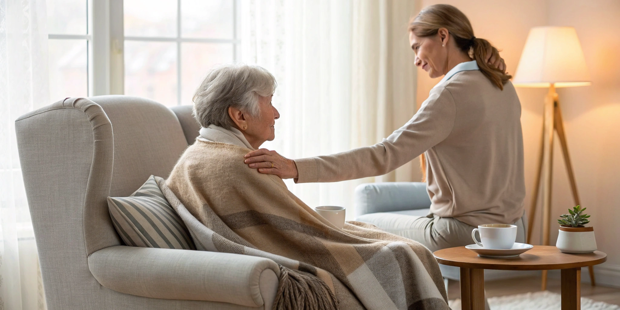 A daughter offering comfort after noticing signs her elderly parent needs help.