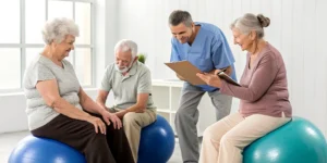 Elderly adults working with a therapist on essential therapy exercises.