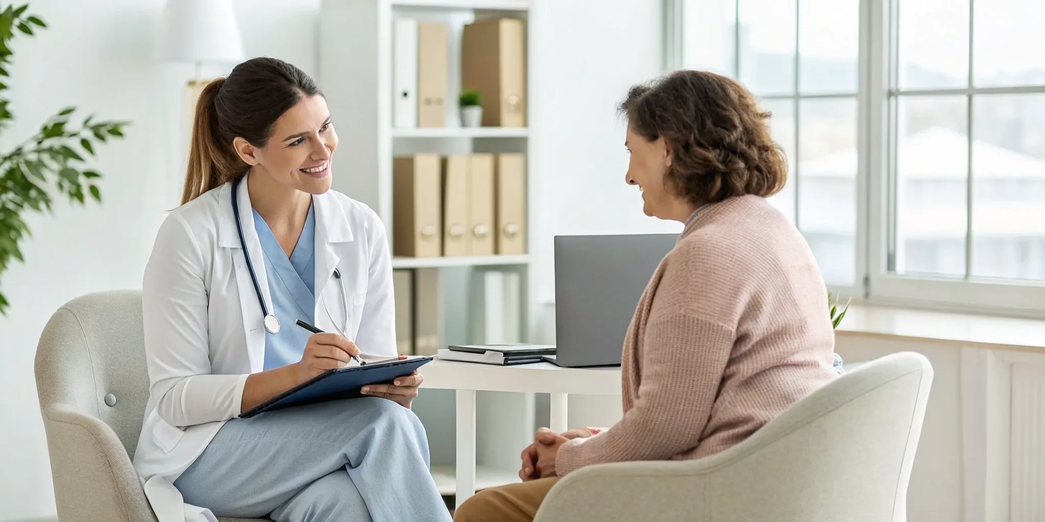 A therapist and patient discussing mental health care options covered by Medicare Part B.