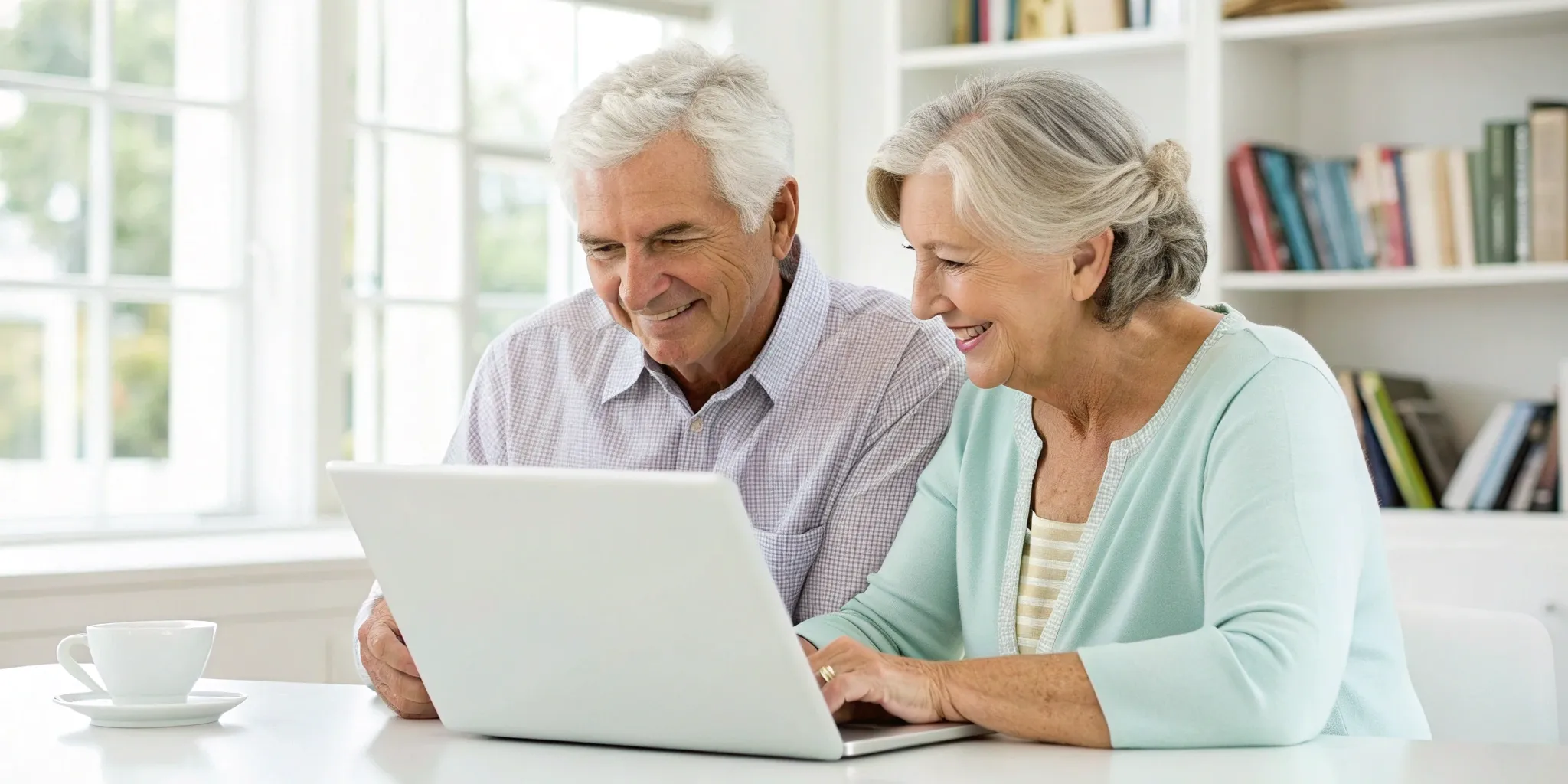 Senior couple on a laptop searching for an online therapist for seniors on Medicare.