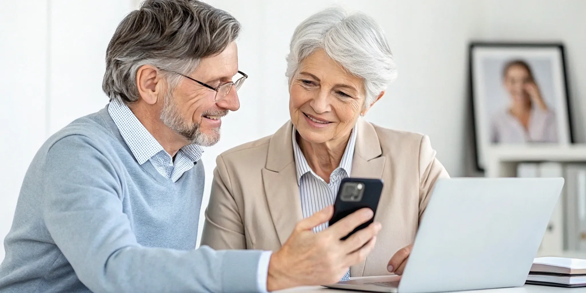 Senior couple having a phone counseling session covered by Medicare.