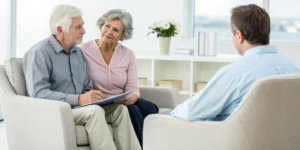 An older couple participates in a geriatric psychotherapy session with their therapist.