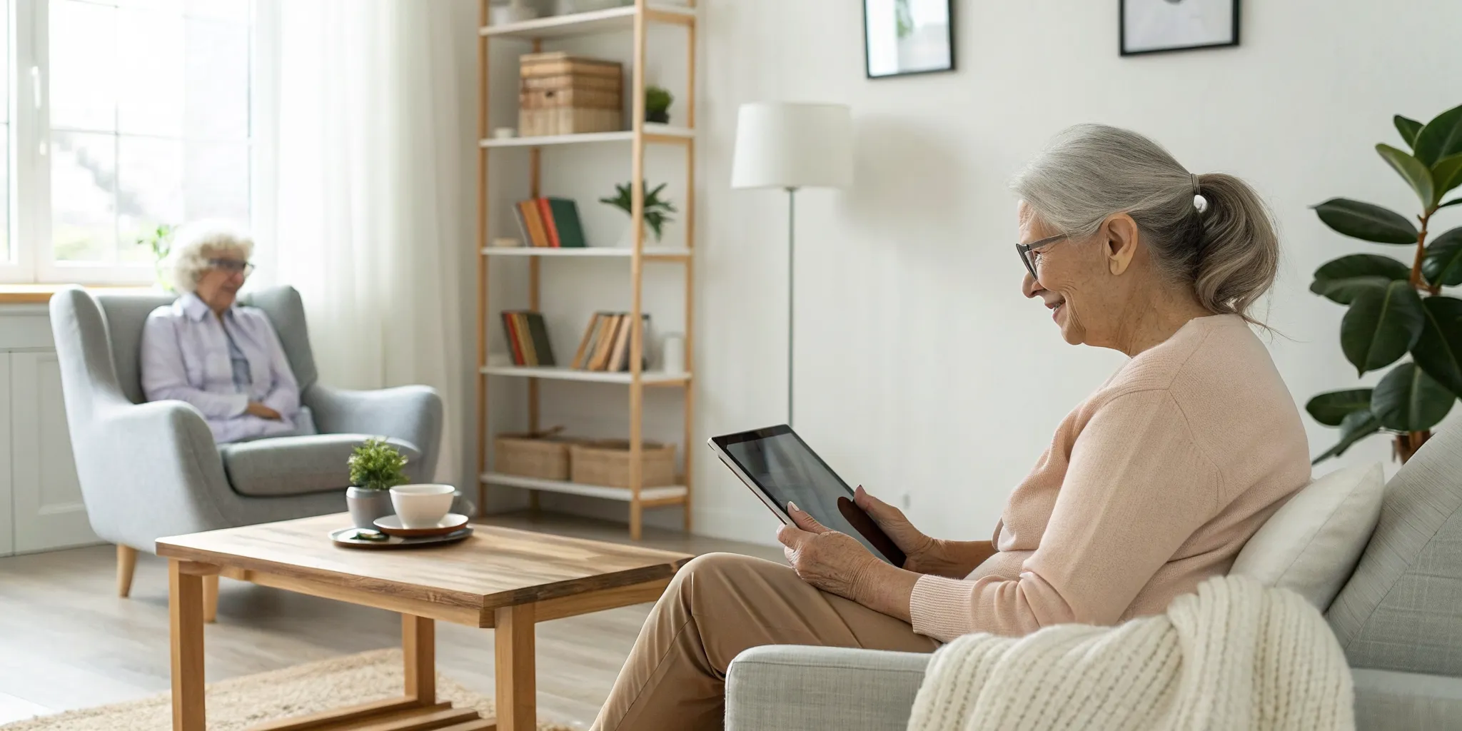 Senior woman managing chronic conditions with online therapy on a tablet.