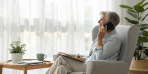 Senior woman receiving bereavement counseling over the phone at home.