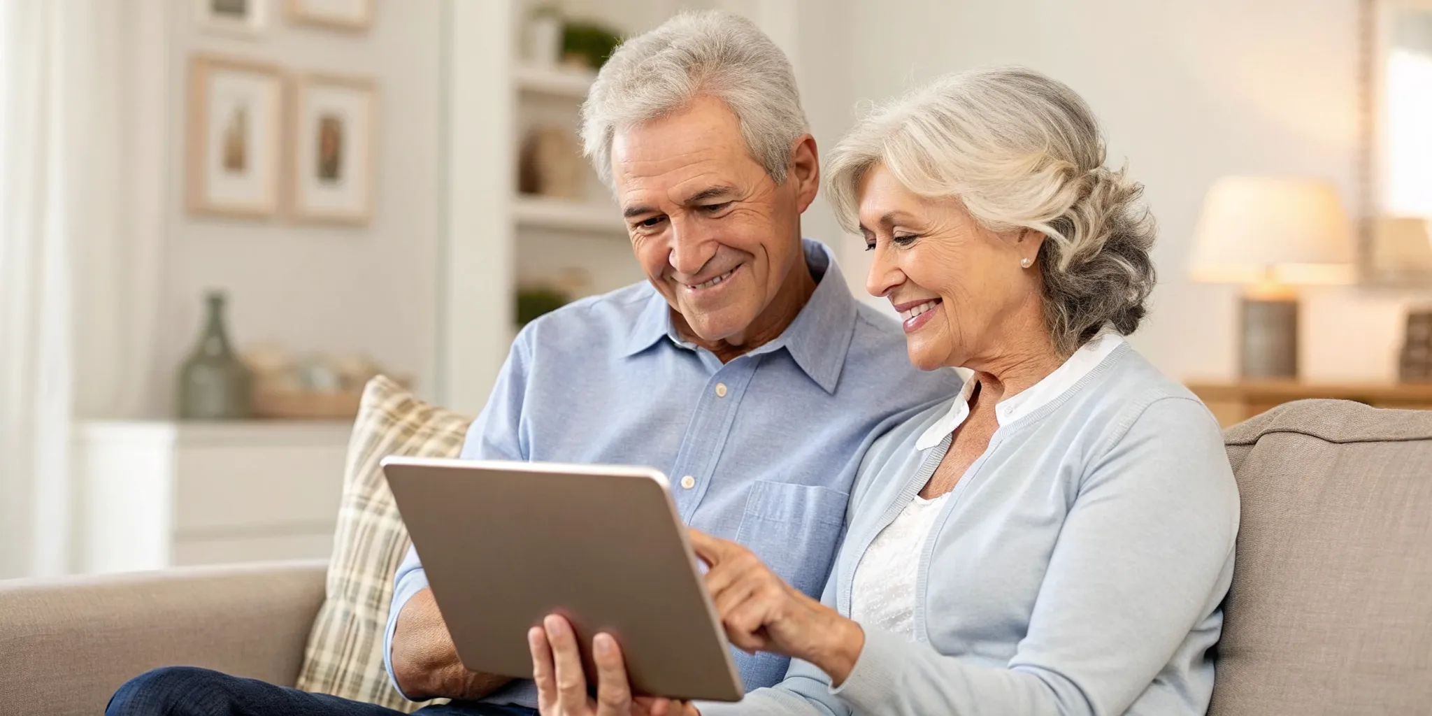 Senior couple finding the best online therapy covered by Medicare on a tablet.