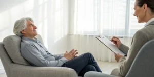 An older man in a cognitive behavioral therapy session for depression and anxiety.
