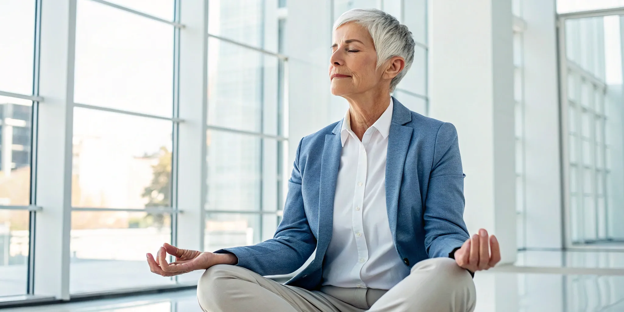 Older adult woman practicing mindfulness meditation for anxiety treatment.
