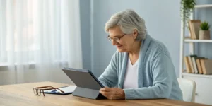 Senior woman using a tablet for a geriatric mental health telehealth session covered by Medicare.