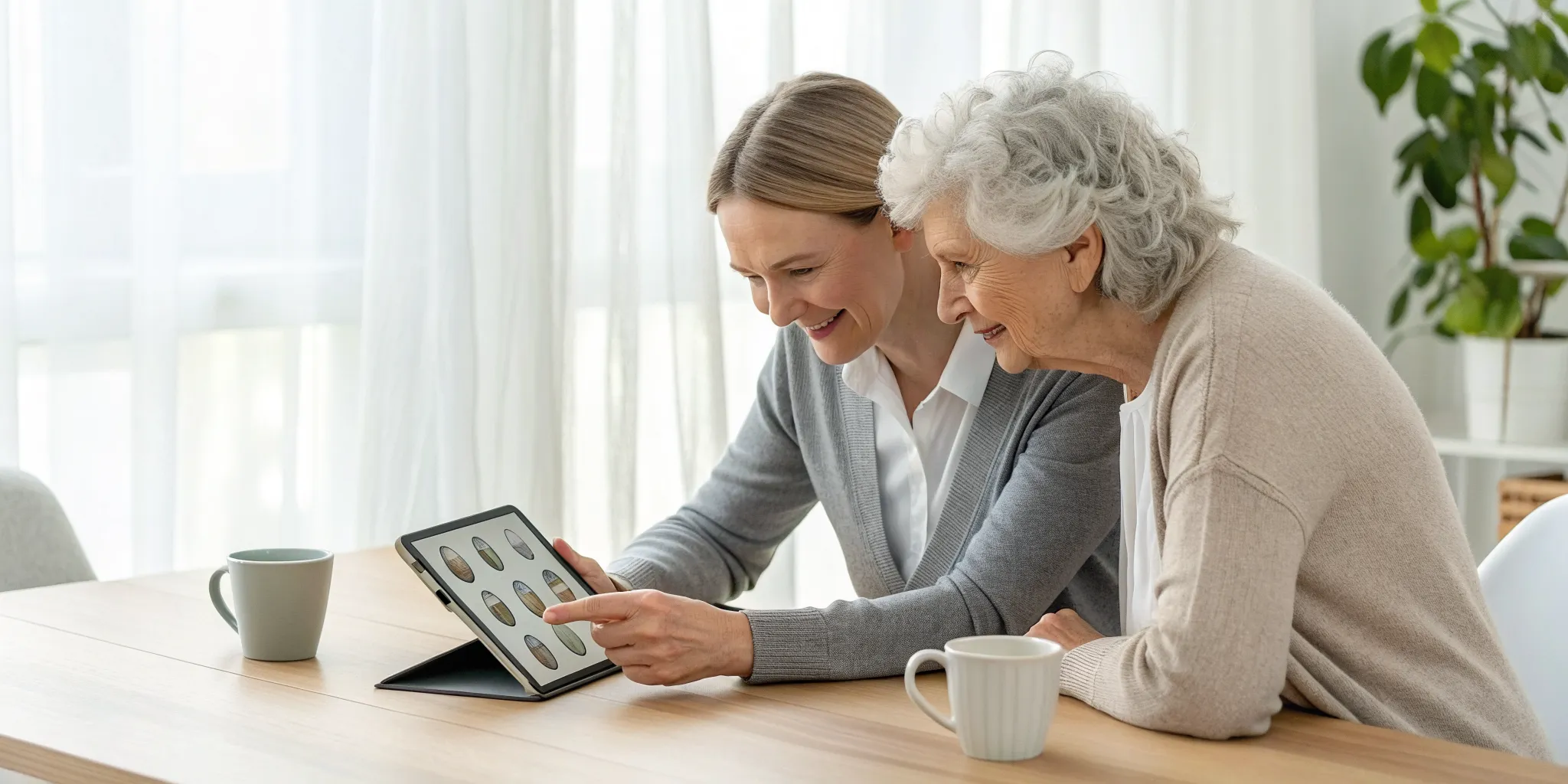 Adult child helping their grieving elderly parent find a grief therapist online.