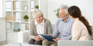 Senior couple meeting with a therapist in Illinois who accepts Medicare.