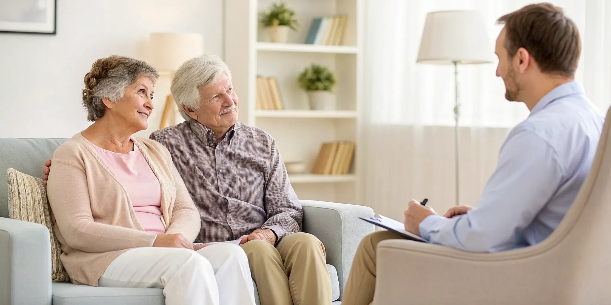 Elderly parents receiving therapy from a counselor in their home.