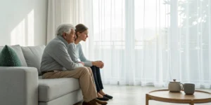An older couple looking withdrawn on a sofa, a sign of depression in aging parents.