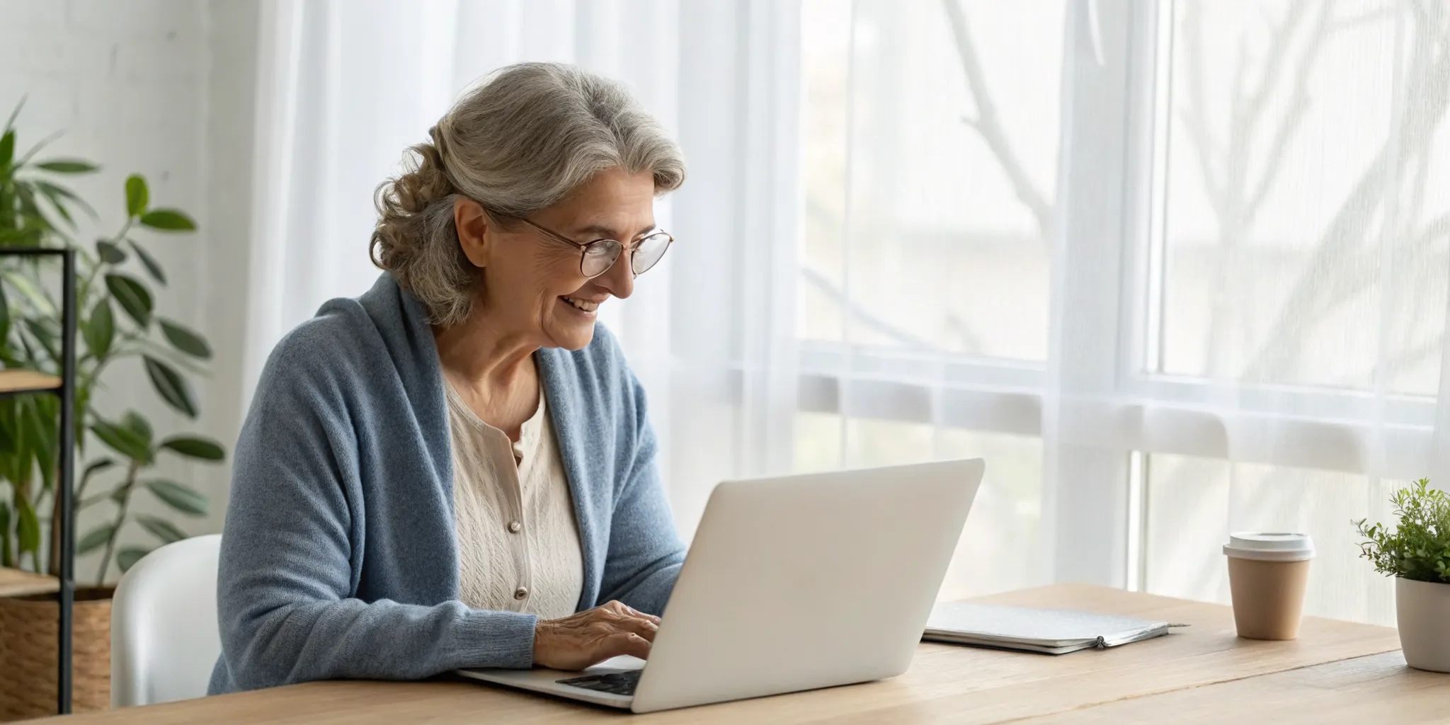 Senior woman smiling during an online therapy session for seniors on her laptop.