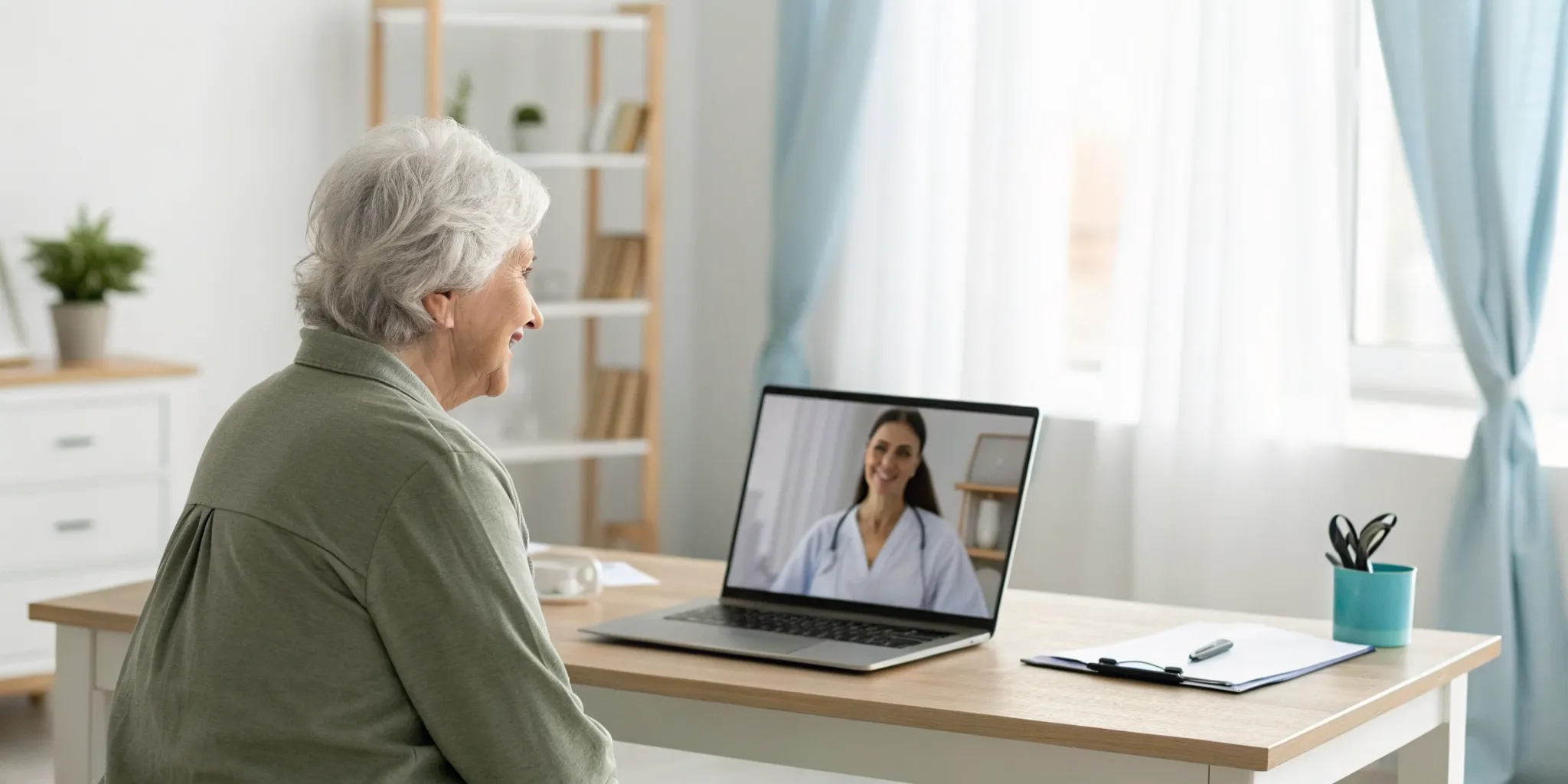 Senior woman having an online therapy session on her laptop that accepts Medicare.