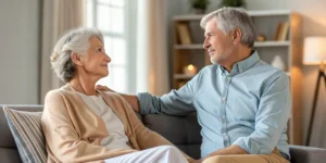 An older couple on a couch, with the man looking distant, an overlooked sign of PTSD in seniors.