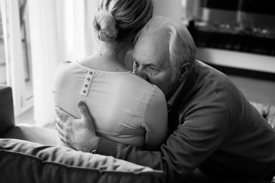A family member comforting a grieving senior, showing the importance of support after losing a spouse