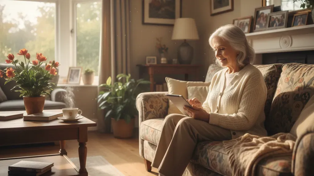 Senior woman smiling during a telehealth counseling session on her tablet at home