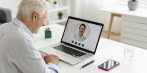 Senior man signing up for Medicare telehealth therapy on his laptop.