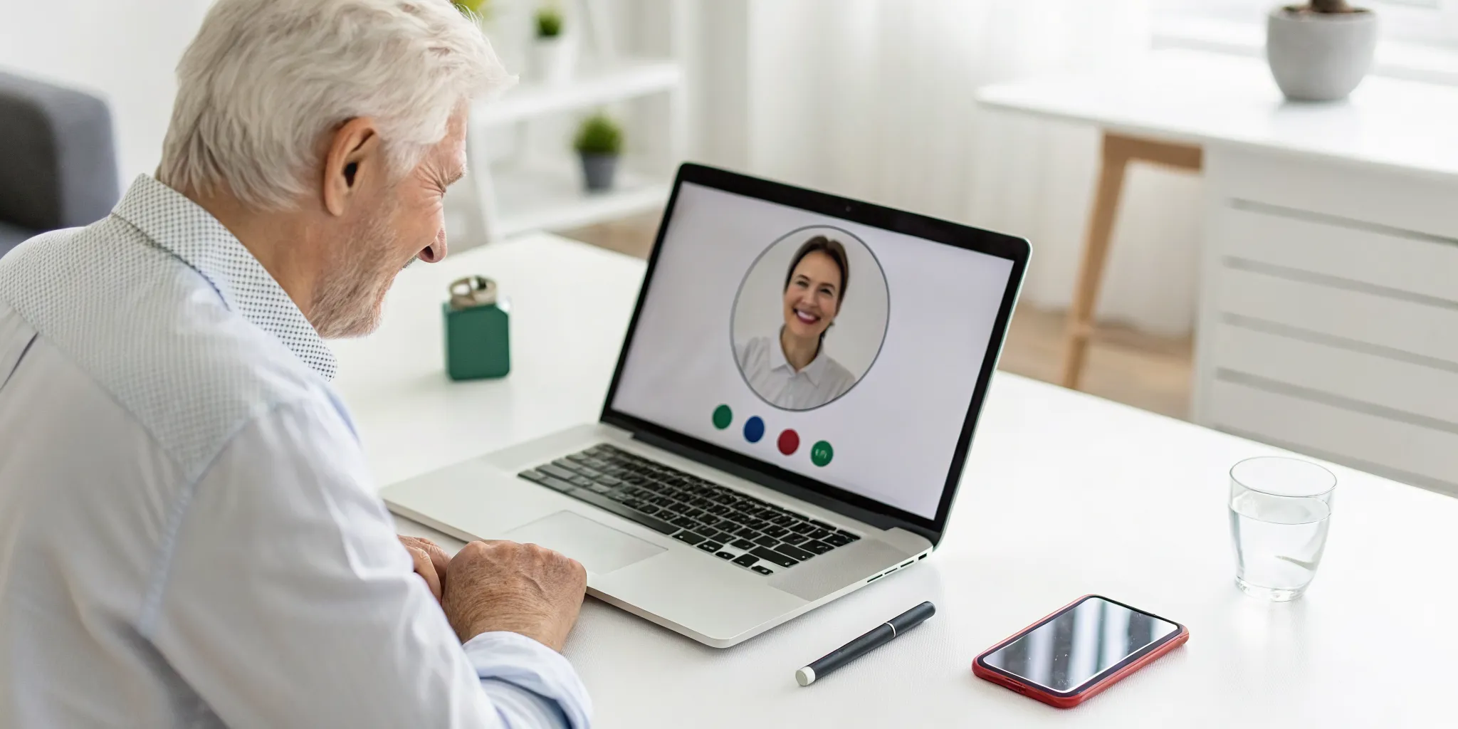 Senior man signing up for Medicare telehealth therapy on his laptop.
