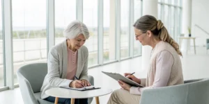 Two older women at a depression counseling session, a service with Medicare coverage.