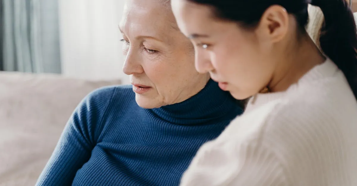 An adult daughter having a caring conversation with her elderly mother about narcissistic personality disorder and aging