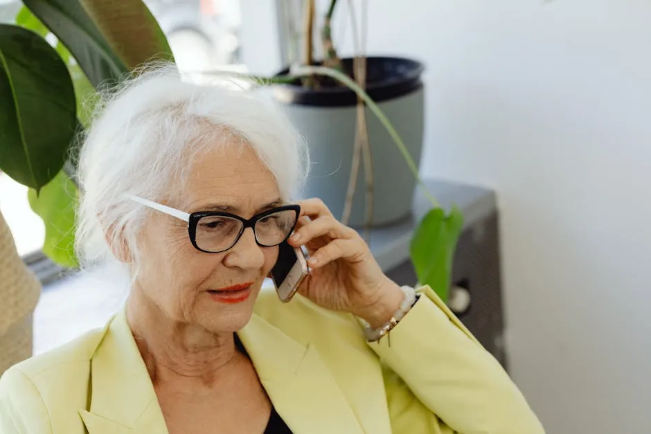 A senior talking on the phone during a teletherapy session from the comfort of home