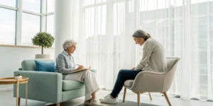 An elderly woman receives the best PTSD treatment from a therapist.