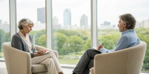 An older woman receives therapy for adjusting to retirement from her counselor.