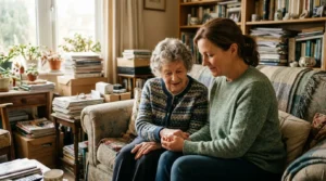 Adult child comforting an elderly parent in a warm living room, gently holding hands while surrounded by belongings