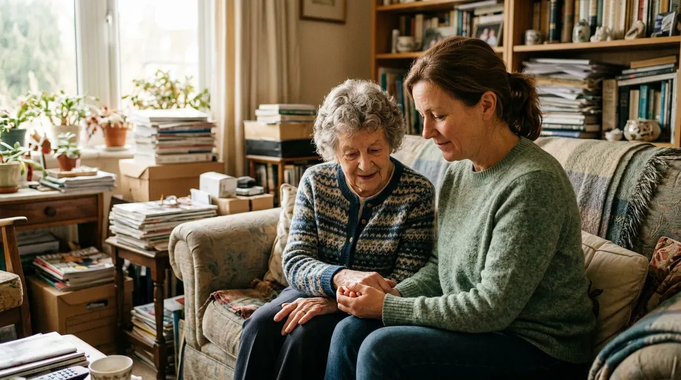 Adult child comforting an elderly parent in a warm living room, gently holding hands while surrounded by belongings