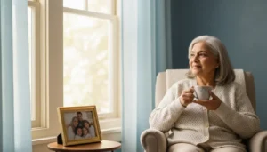 Senior experiencing emotional numbness in elderly after loss while sitting quietly near a window