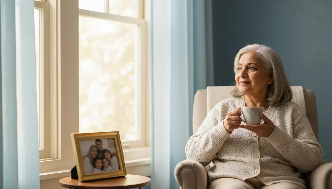 Senior experiencing emotional numbness in elderly after loss while sitting quietly near a window