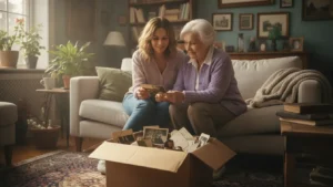 Adult daughter helping elderly parent sort through belongings in a warm living room
