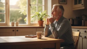 Older retired man reflecting at a kitchen table, representing retirement depression in men