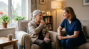 Senior woman sitting in a cozy living room discussing chronic pain management with a caring healthcare provider