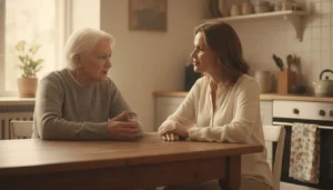 A senior adult having a compassionate conversation with a caring family member at home