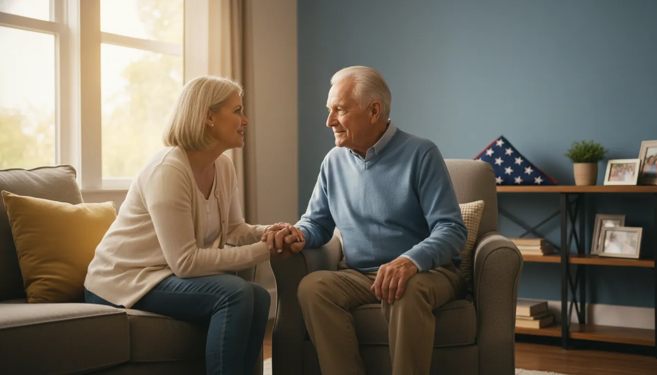 Aging veteran speaking with family about elderly veteran PTSD help