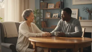Family caregiver calmly talking with an older adult about sudden anger