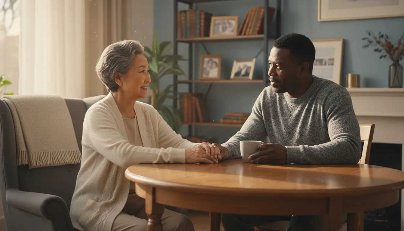 Family caregiver calmly talking with an older adult about sudden anger