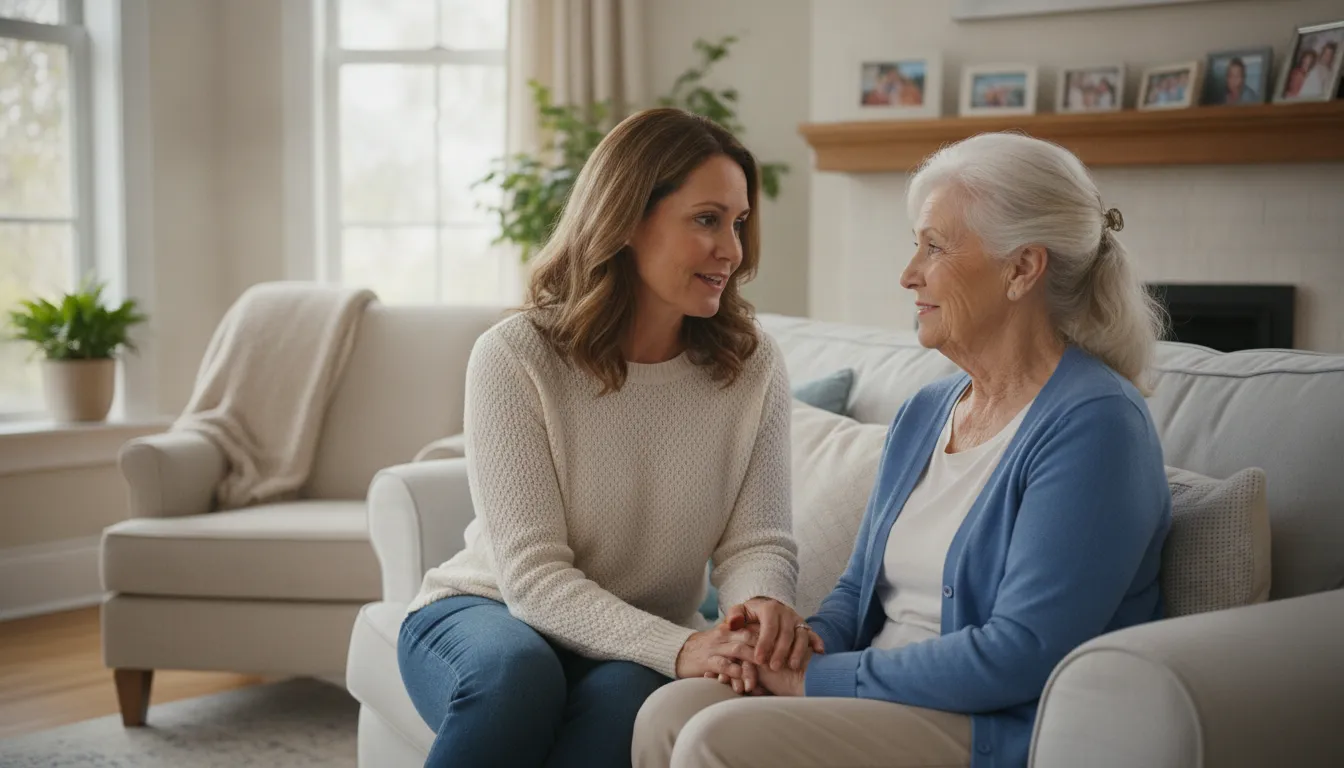 Adult daughter having a calm conversation with her manipulative elderly parent at home