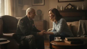 An older veteran talking with his adult daughter in a warm living room
