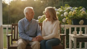 Elderly man and adult daughter having a warm conversation on a porch