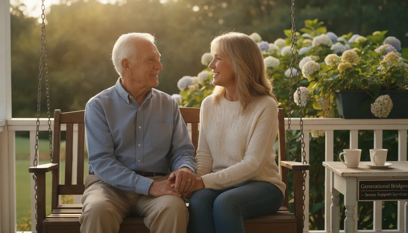 Elderly man and adult daughter having a warm conversation on a porch