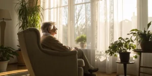 Elderly person sitting alone by a window, a sign of depression in seniors.