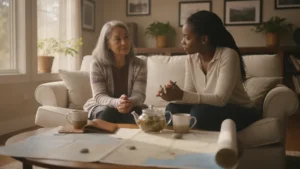 Older adult and adult daughter discussing support during a life transition