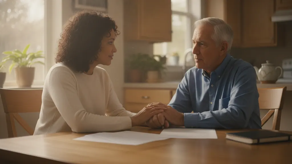 Adult daughter and older father having a supportive conversation about caregiver burden assessment tools