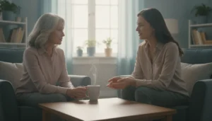 Older woman talking with a caring counselor during grief support