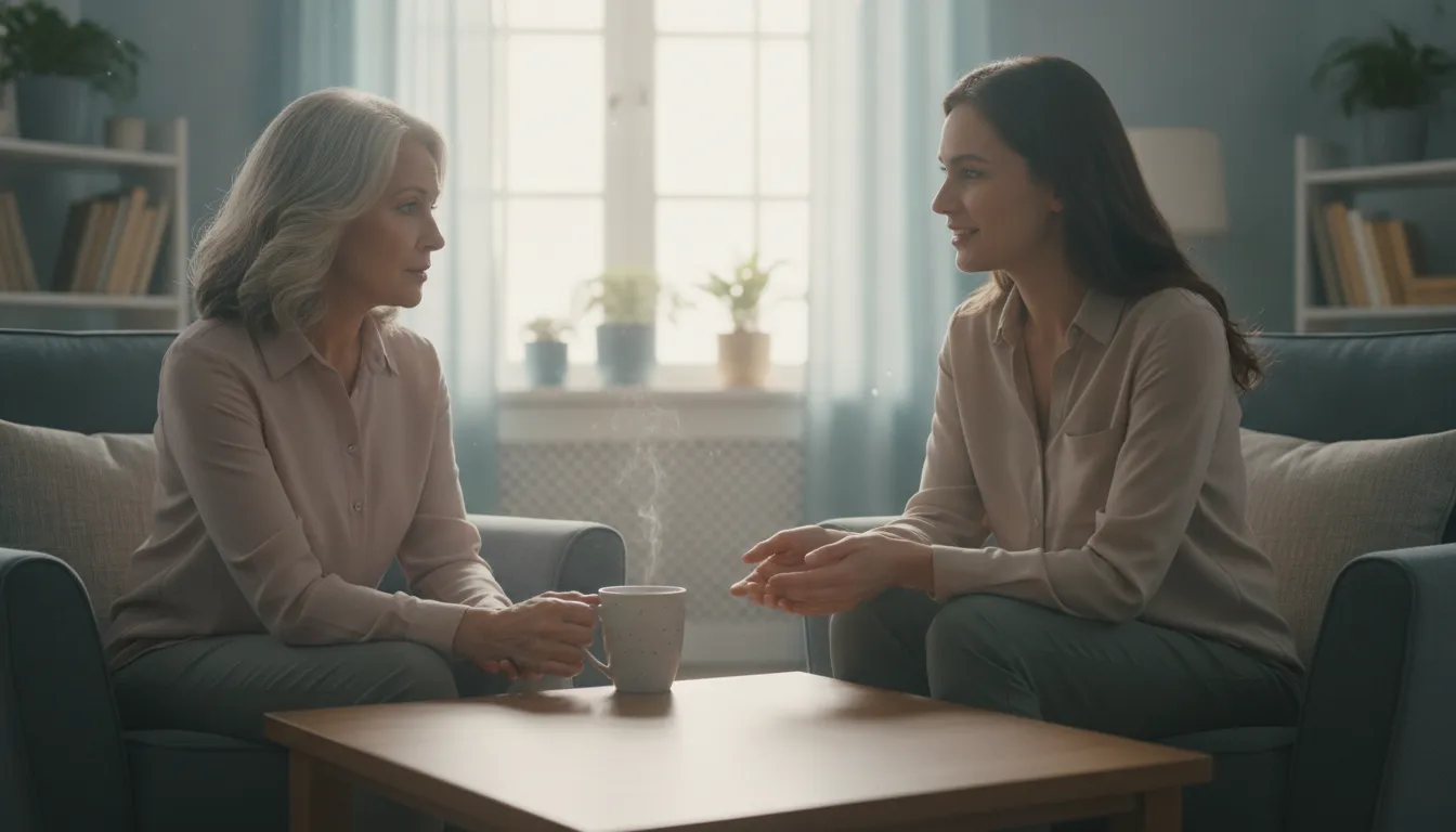Older woman talking with a caring counselor during grief support