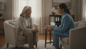Compassionate senior woman speaking with a counselor in a warm therapy office