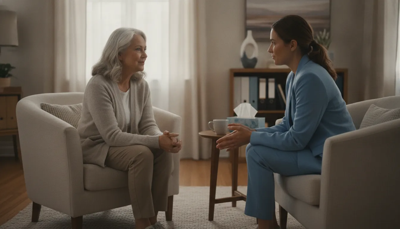 Compassionate senior woman speaking with a counselor in a warm therapy office